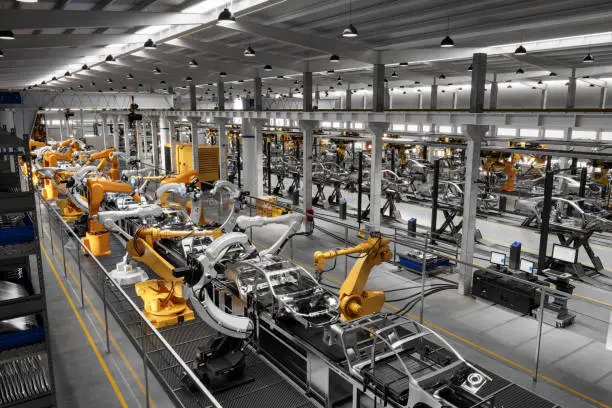 An overhead view of a large factory under construction with cranes, steel beams, and workers installing machinery.